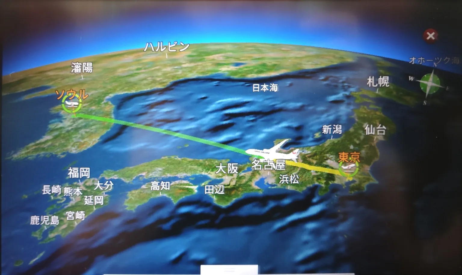機内モニターのフライトマップ