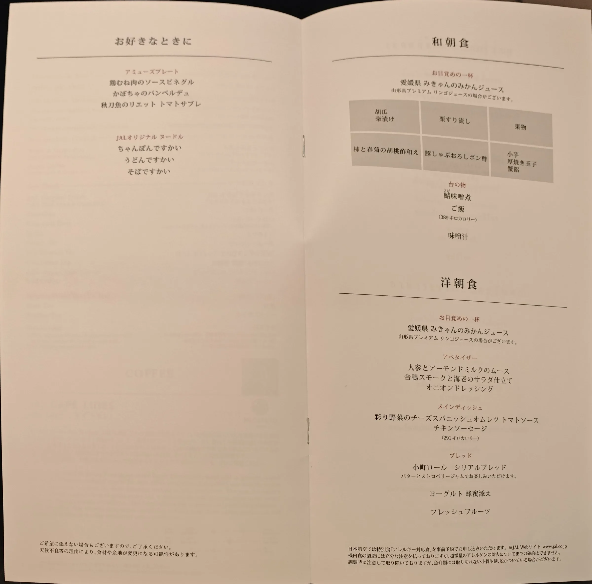 今回の機内メニュー
